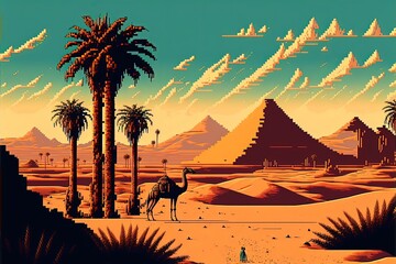 Pixel art ancient egypt with pyramids and monuments, background in retro style for 8 bit game, Generative AI - obrazy, fototapety, plakaty