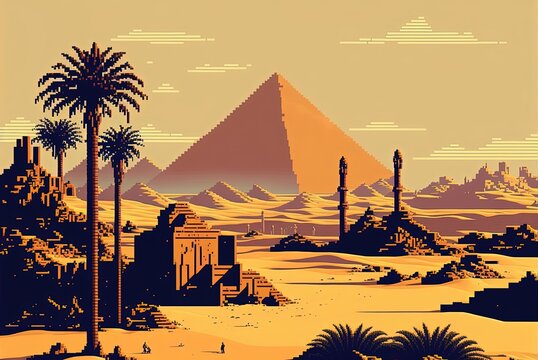 Pixel art ancient egypt with pyramids and monuments, background in retro style for 8 bit game, Generative AI