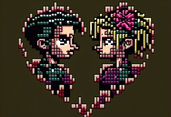 Pixel art Valentine couple with heart and space for text, Valentine's Day background, background in retro style for 8 bit game, Generative AI 