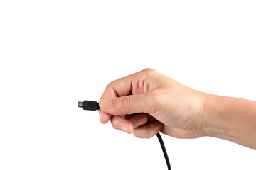 Hand and micro usb cable isolated on transparent background
