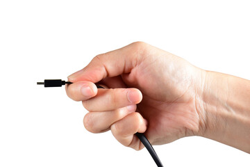 Hand and micro usb cable isolated on transparent background
