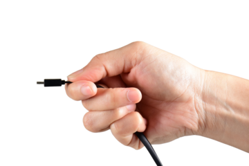 Hand and micro usb cable isolated on transparent background
