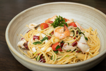 Seafood spaghetti on plate