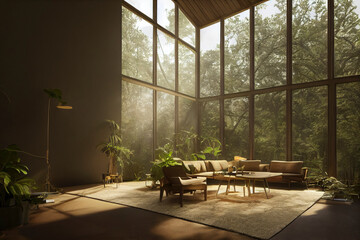 Fototapeta na wymiar Beautiful Jungle Oasis Modern Living Interior with Large Modern Windows and High Windows Made with Generative AI