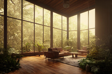 Beautiful Jungle Oasis Modern Living Interior with Large Modern Windows at Golden Hour Made with Generative AI