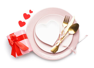 Fototapeta premium Table setting for Valentine's Day with gift isolated on white background