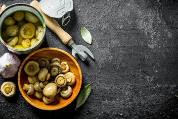 Canned mushrooms with garlic and Bay leaf.