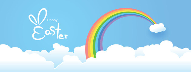 Happy Easter hand lettering with Rainbow and clouds background, paper art style, Vector illustration