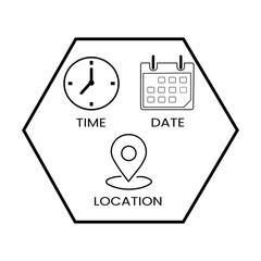 Time, date, location icon, event message vector black symbol