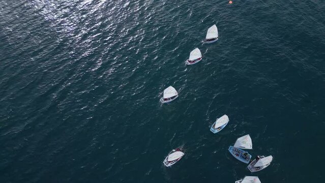 Junior sailors sport competition. Junior yacht club regatta in the open sea. Junior training course on sailboats. Aerial drone video top down view. 