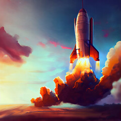 Obraz premium Illustration of rocket and copy space for start up business. Creativity and imagination.