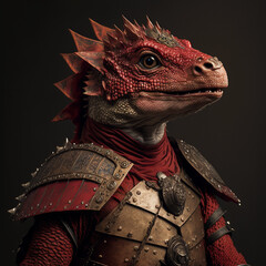 a red kobold covered in scales and wearing dirty battered armor, Generative AI - obrazy, fototapety, plakaty