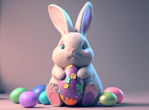 3D easter bunny houding egg, pastel colors, Generative Ai