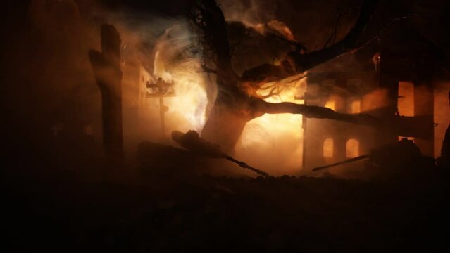 War Concept. Military silhouettes fighting scene on war fog sky background, World War Soldiers Silhouette Below Cloudy Skyline At night. Battle in ruined city. Selective focus