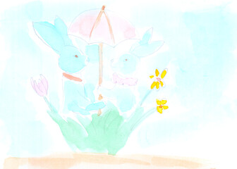 Easter, bunnies, love. Watercolor, art decoration, sketch. Illustration hand drawn modern