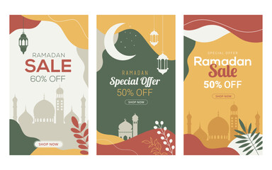 Ramadan Kareem, Happy Ramadan, greeting card. Eid mubarak, Islamic holiday background. Story template set. Sale design banners