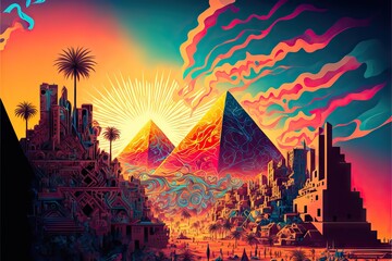 Psychedelic City, With Lisergic visions between desert, pyramids, magic, and mysteries in ancient egypt, with full color design, Generative Ai