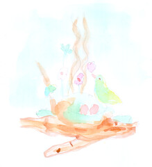 Bird, eggs, nest, spring, easter. Watercolor, art decoration, sketch. Illustration hand drawn modern