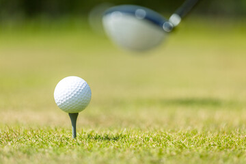 White golf ball on the stand on a green field, putter on the background