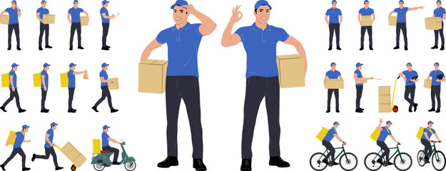 Set of hand-drawn warehouse workers with the package riding a bicycle and scooter. Delivery guy is holding a cardboard box worker in different poses. Vector flat style illustration isolated on white	