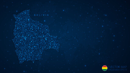 Fototapeta na wymiar Map of Bolivia modern design with polygonal shapes on dark blue background. Business wireframe mesh spheres from flying debris. Blue structure style vector illustration concept