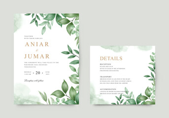 Elegant wedding invitation template with watercolor green leaves