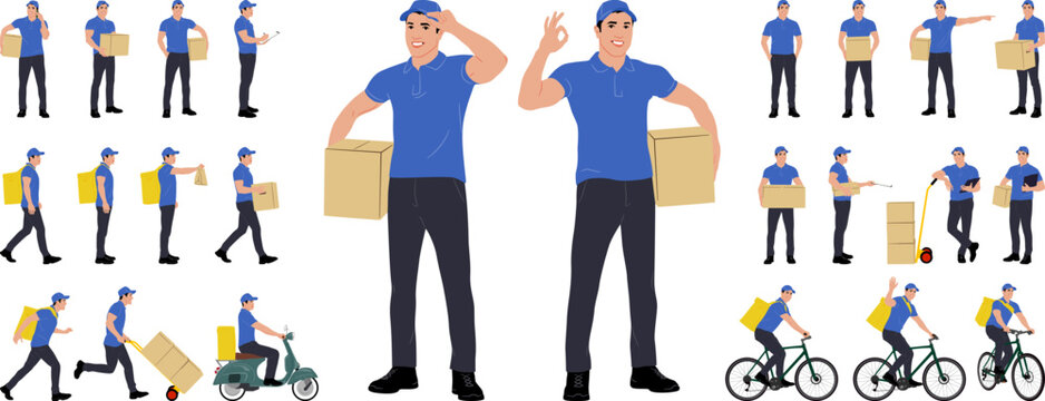 Set of hand-drawn warehouse workers with the package riding a bicycle and scooter. Delivery guy is holding a cardboard box worker in different poses. Vector flat style illustration isolated on white	