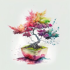 Colorful Watercolor Illustration of a Bonsai Tree in a Planter, Generative AI