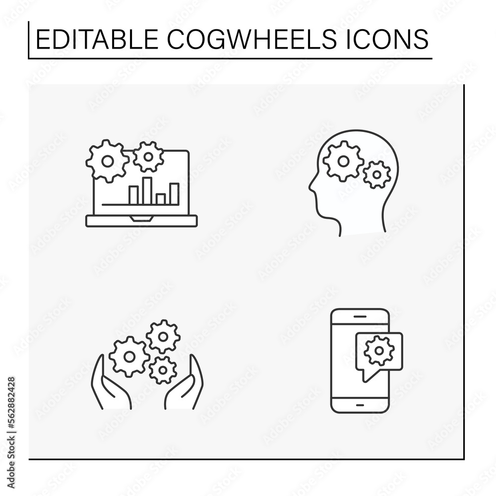 Poster cogwheels line icons set. settings and configurations for different situations. business concept. is