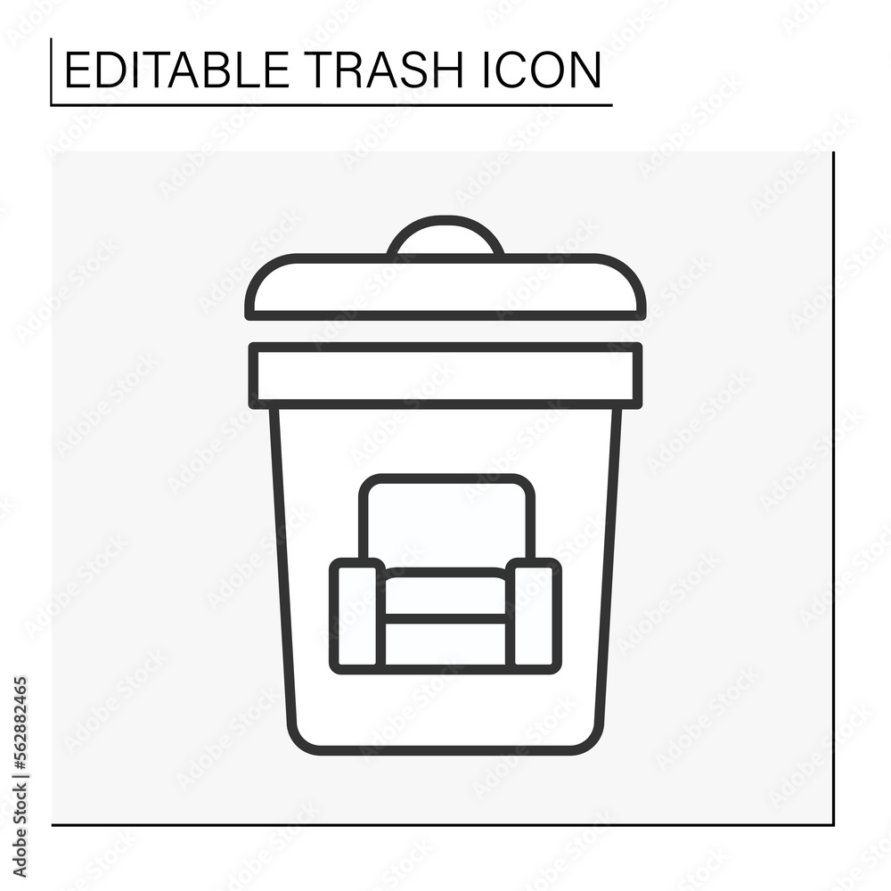 Poster utilization line icon. waste sorting. put armchair into the bin. ecology.trash concept. isolated vec