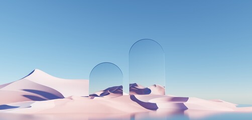 Surreal Beautiful Dream land background. Abstract Dune in winter season landscape with geometric arch. Fantasy island scenery with water and natural cloudy sky. Metallic mirror arch. 3d render.