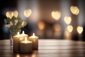 Romantic candles on wooden table, bokeh background, Generative AI