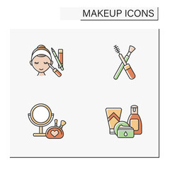 Makeup color icons set. Trendy makeup for eyes. Makeup kit, cream, remover and serum. Skin care. Cosmetology concept. Isolated vector illustrations