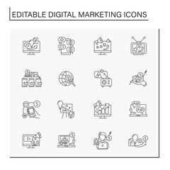 Digital marketing line icons set. Online marketing. Information technologies in management. Business concept. Isolated vector illustration. Editable stroke