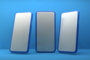 Smartphones with blank screens on blue background. 3D rendering.