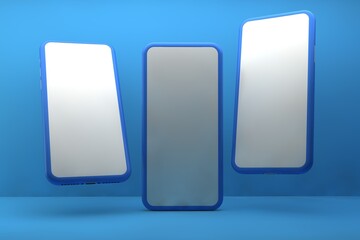 Smartphones with blank screens on blue background. 3D rendering.