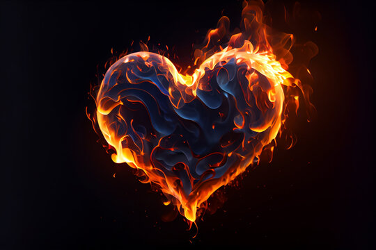 Beautiful heart of fire isolated on black background. Generative AI illustration