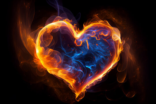 Beautiful and colorful heart of fire isolated on black background. Generative AI illustration