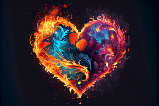 Colorful and passionate heart of fire isolated on black background. Generative AI illustration