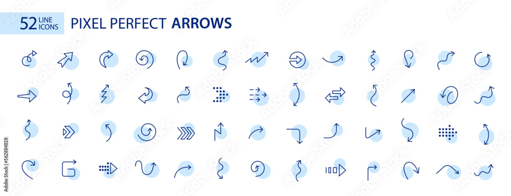 Aufkleber set of 52 pixel perfect arrow icons. simple and elegant ui design elements