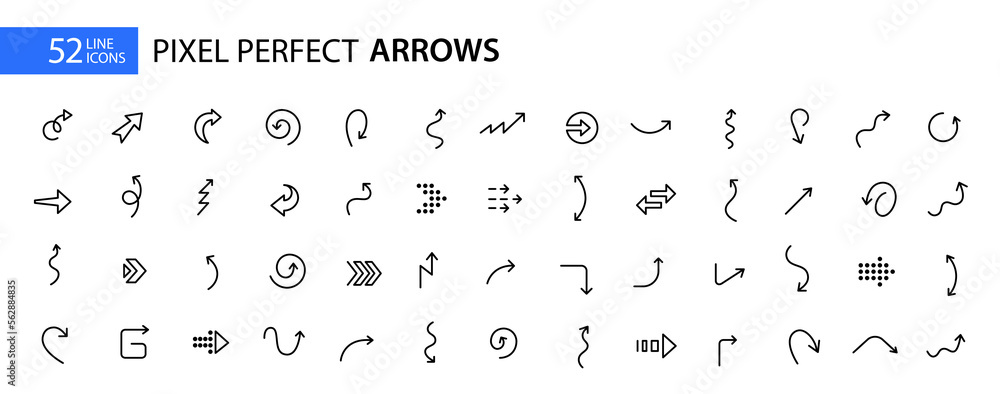 Poster set of 52 pixel perfect line arrow icons. simple and elegant ui design elements