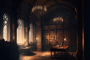 fantasy library in cozy cathedral environment. Generative AI