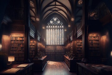 fantasy library in cozy cathedral environment. Generative AI