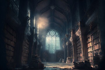 fantasy library in cozy cathedral environment. Generative AI