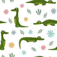Cute crocodile and flowers seamless pattern on white background. Raster all over print for apparel, wallpaper, children’s clothes