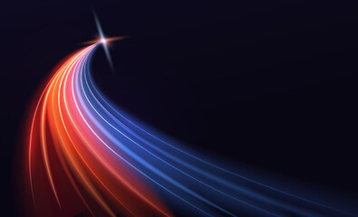Modern abstract high speed light effect. Technology futuristic dynamic motion. Glow of bright lines of transport vehicle drive on road highway. Vector illustration