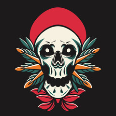 Skull Head and Leaf Retro Vector Illustration