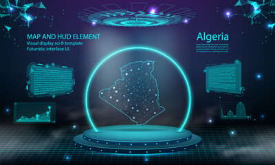algeria map light connecting effect background. abstract digital technology UI, GUI, futuristic HUD Virtual Interface with algeria map. Stage futuristic podium in fog.