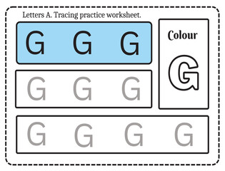 Alphabet letters tracing worksheet with alphabet letter G. Basic writing practice for kindergarten kids worksheet ready to print vector illustration