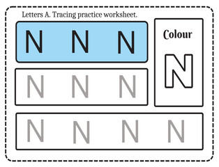 Alphabet letters tracing worksheet with alphabet letter N. Basic writing practice for kindergarten kids worksheet ready to print vector illustration